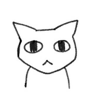 Hand-drawn line art of Konyani, a round cat with wide asymmetrical eyes and a small flat mouth